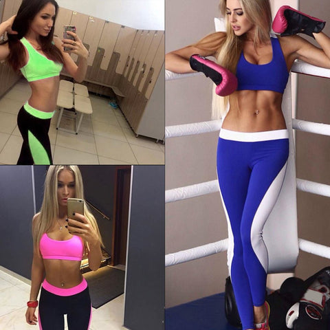 Patchwork Women Elastic Fitness Sport Yoga Suit Running Training Gym Pants & Vest Set Tights Slim Sportswear Female Clothing